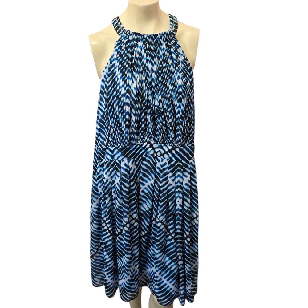 Calvin Klein 18W Blue Abstract Print Halter Dress Chain Strap Plus Size Midi